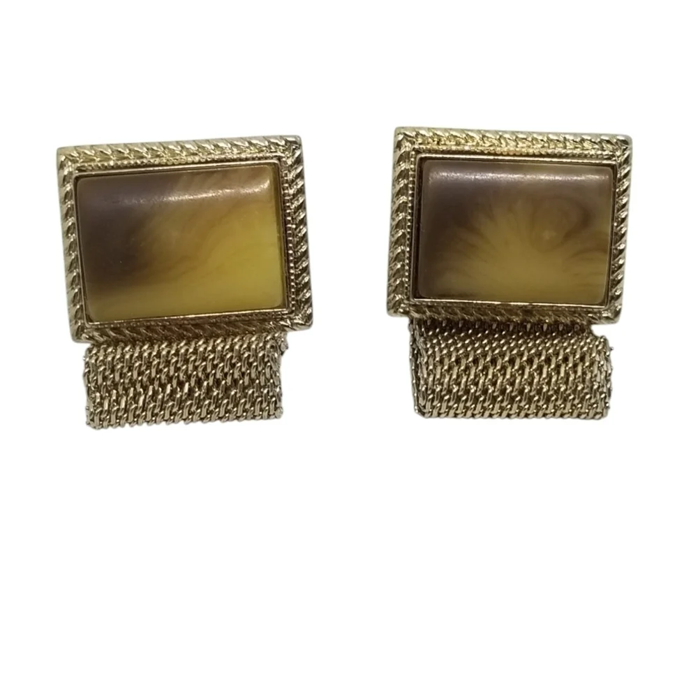 Retro 1970s Mesh Wrap Cufflinks - Root Beer & Butterscotch Swirl Cabochon